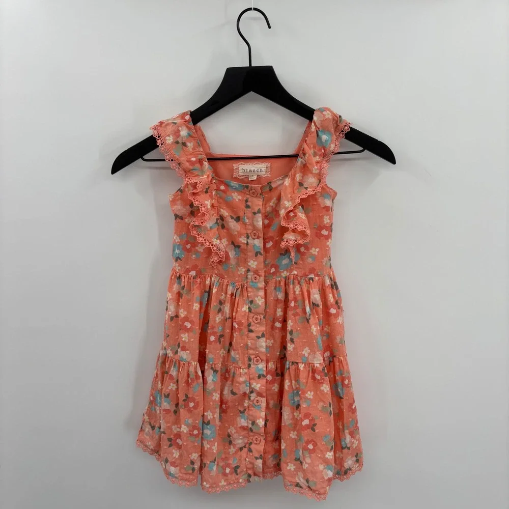 btween Girls Peach Floral Swiss Dot Ruffle Button Front‎ Tiered Dress Size 5